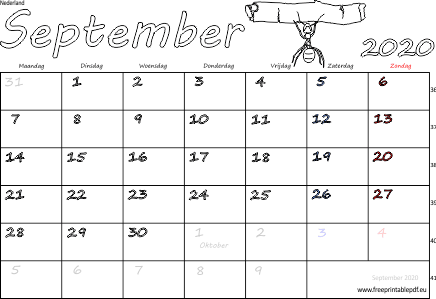 Download kalender voor september 2020 gratis