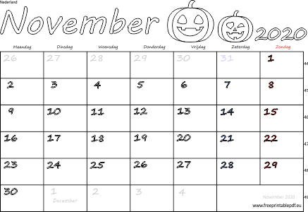 Download kalender voor november 2020 gratis