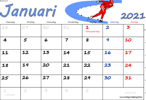 Download kalender voor januari 2021 feestdagen kleurrijk