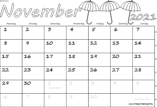 Gratis kalender november 2021 afdruk