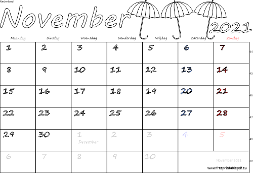 Download kalender voor november 2021 gratis