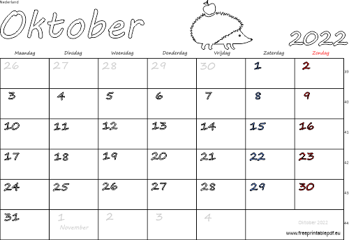 Download kalender voor oktober 2022 gratis