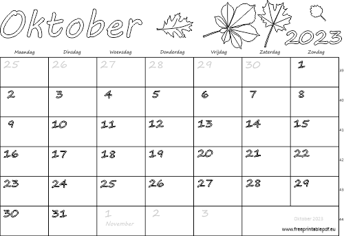 Gratis kalender oktober 2023 afdruk