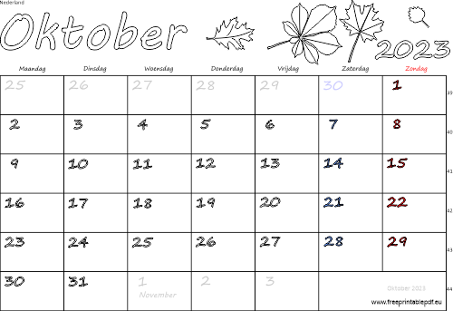 Download kalender voor oktober 2023 gratis