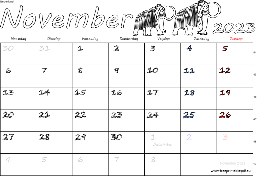 Download kalender voor november 2023 gratis