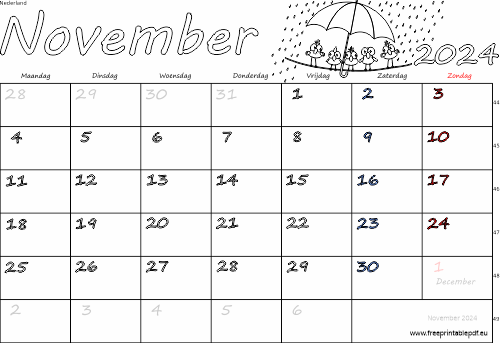 Download kalender voor november 2024 gratis