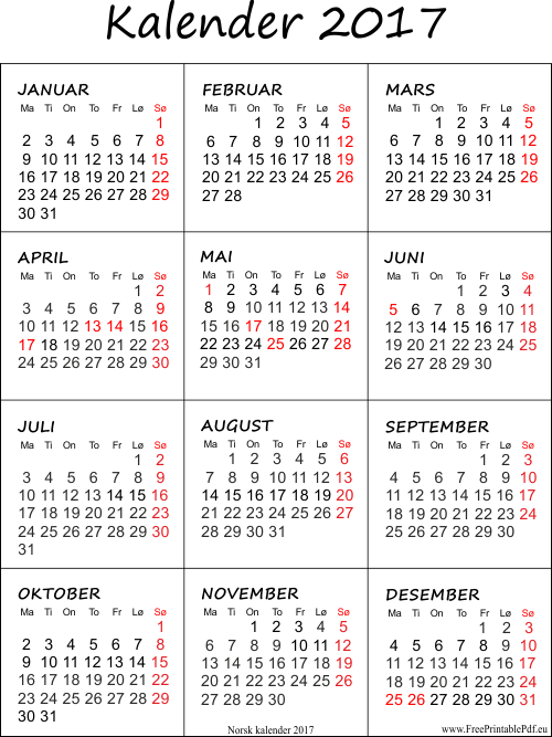 Gratis kalender 2017 med helligdager