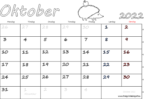 Oktober 2022 med helligdager