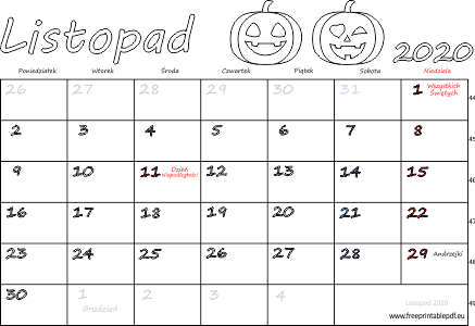 Kalendarz listopad 2020 ze świętami