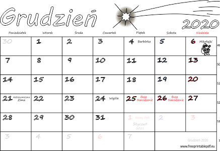 Kalendarz grudzień 2020 ze świętami