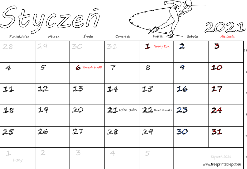 Kalendarz styczeń 2021 ze świętami
