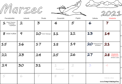 Kalendarz marzec 2021 ze świętami