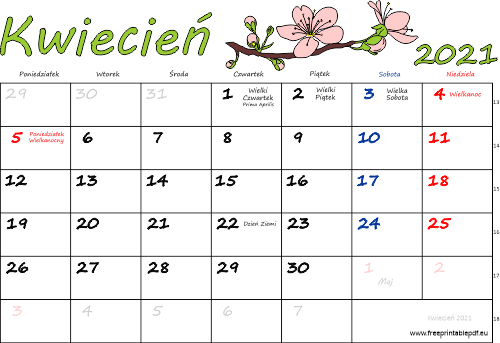 Kalendarz kwiecień 2021 ze świętami kolorowy