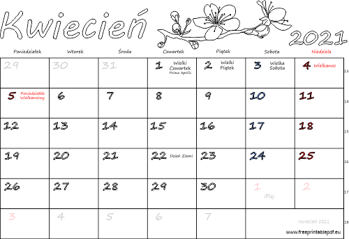 Kalendarz kwiecień 2021 ze świętami