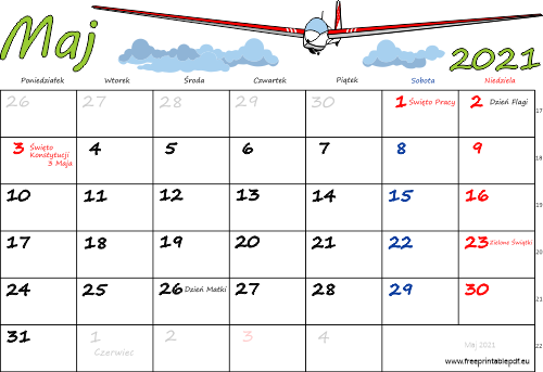 Kalendarz maj 2021 ze świętami