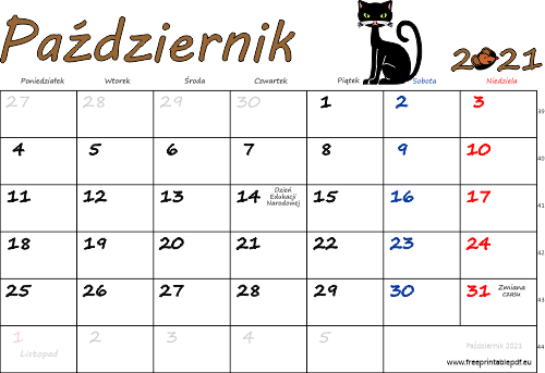 Kalendarz październik 2021 ze świętami kolorowy