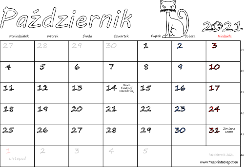 Kalendarz październik 2021 ze świętami