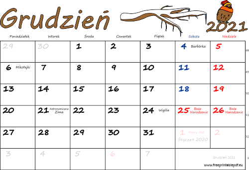 Kalendarz grudzień 2021 ze świętami kolorowy