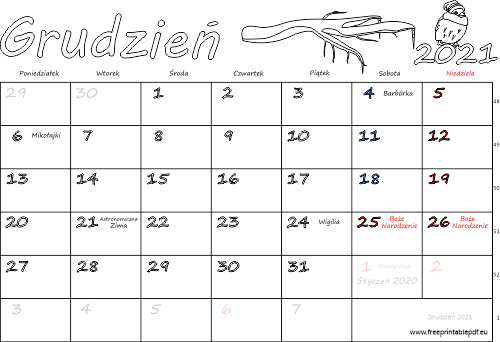 Kalendarz grudzień 2021 ze świętami