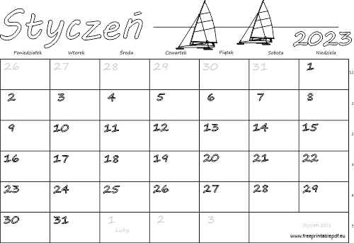 Przedstawia kalendarz w formie tabeli na Styczeń 2023 czysty dla dzieci