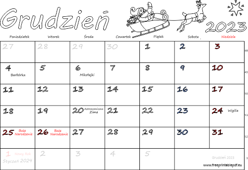 Kalendarz grudzień 2023 ze świętami