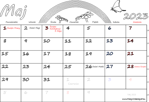Kalendarz maj 2023 ze świętami