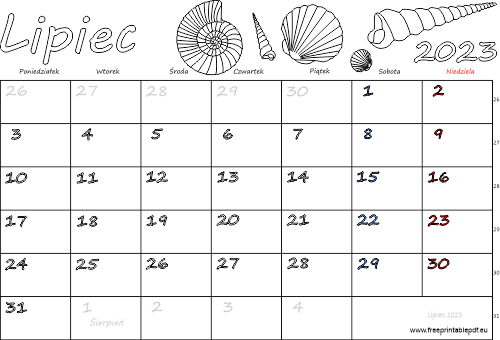 Kalendarz lipiec 2023 ze świętami w formie tabelki z rysunkami