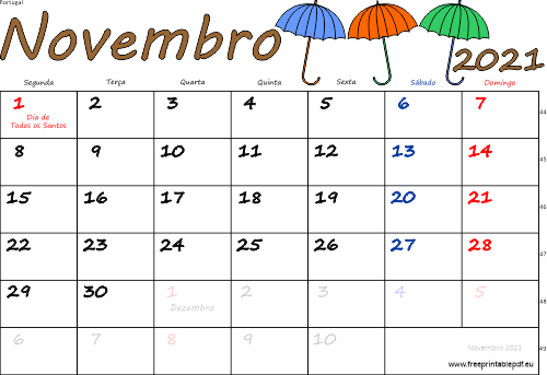 Novembro 2021 feriados portugueses-colorido