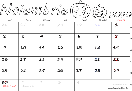 Calendarul noiembrie 2020 Vacanță