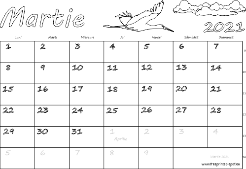 Calendarul pentru luna martie 2021 pentru copii