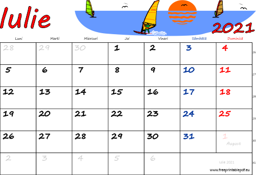 Calendarul iulie 2021 libere colorat