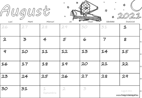 Calendarul pentru luna august 2021 pentru copii