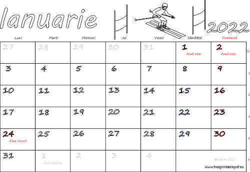 Calendarul ianuarie 2022 Vacanță