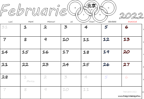 Calendarul februarie 2022 Vacanță