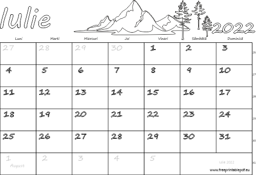 Calendarul pentru luna iulie 2022 pentru copii