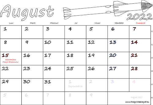 Calendarul august 2022 Vacanță