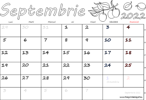 Calendarul septembrie 2022 Vacanță