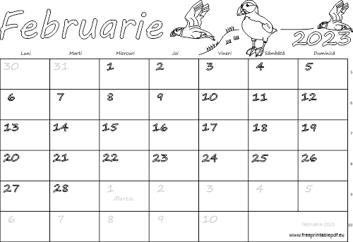 Calendarul pentru luna februarie 2023 pentru copii