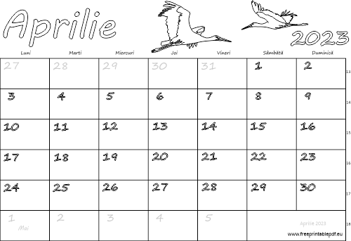 Calendarul pentru luna aprilie 2023 pentru copii