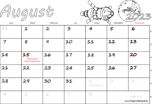 Calendarul august 2023 Vacanță