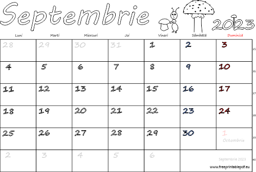 Calendarul septembrie 2023 Vacanță
