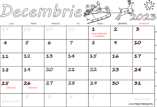 Calendarul decembrie 2023 Vacanță