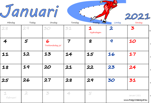 Kalender Januari 2021 med helgdagar färgrik