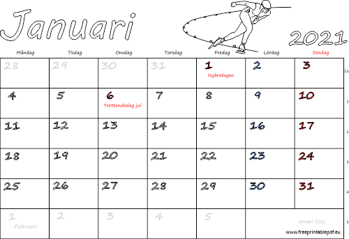 Kalender Januari 2021 med helgdagar