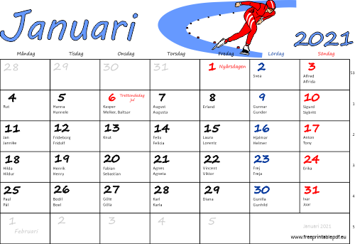 Kalender Januari 2021 med namnsdagar färgrik