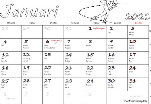 Kalender Januari 2021 med namnsdagar