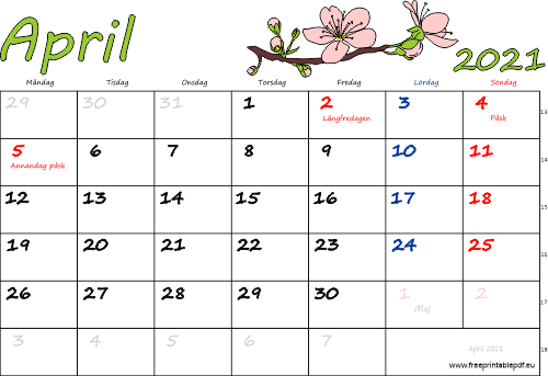 Kalender April 2021 med helgdagar färgrik