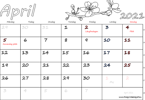Kalender April 2021 med helgdagar