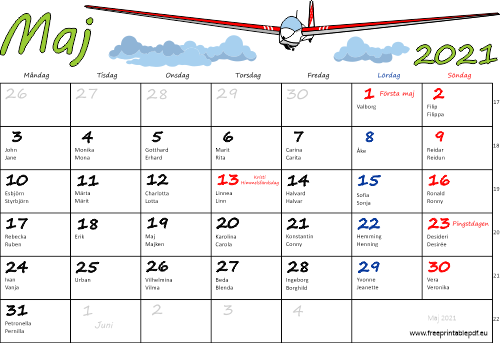 Kalender Maj 2021 med namnsdagar färgrik