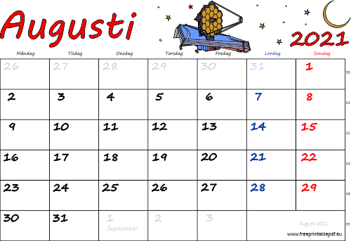 Kalender Augusti 2021 med helgdagar färgrik